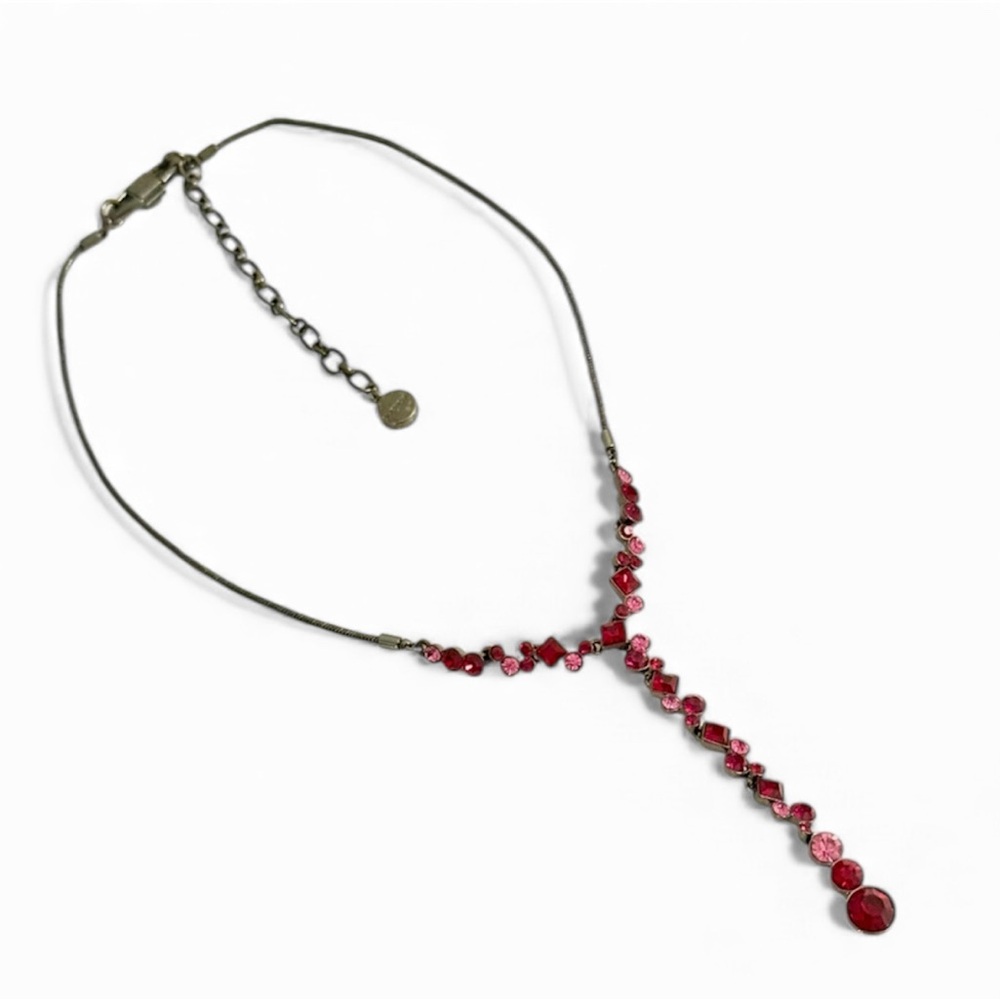Givenchy Lariat Style Drop Mixed Crystal Necklace Pink Red Gunmetal Gray - Picture 2 of 7